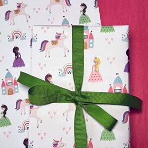 Princesses and Unicorns Girl Birthday Gift Wrap by Revel—Princess Wrapping Paper Folded flat, 27 x 39 inches