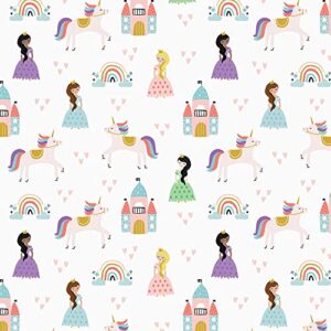 Princesses and Unicorns Girl Birthday Gift Wrap by Revel—Princess Wrapping Paper Folded flat, 27 x 39 inches