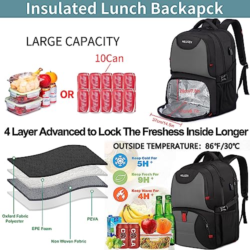 Lunch Bag Backpack, Insulated Cooler Lunch Box Backpack, Extra Large 17inch Travel Laptop Backpack 50L with USB Charging Port, Water Resistant Big work Backpack for Men Women , Grey