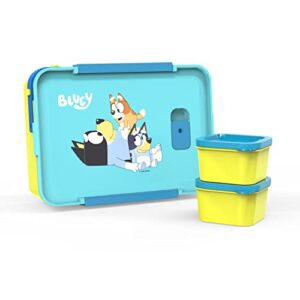 zak designs bluey reusable plastic bento box with leak-proof seal, carrying handle, microwave steam vent, and individual containers for kids' packed lunch (3-piece set)
