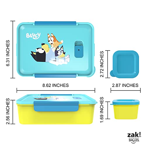 Zak Designs Bluey Reusable Plastic Bento Box with Leak-Proof Seal, Carrying Handle, Microwave Steam Vent, and Individual Containers for Kids' Packed Lunch (3-Piece Set)