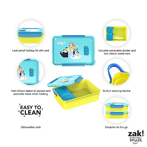 Zak Designs Bluey Reusable Plastic Bento Box with Leak-Proof Seal, Carrying Handle, Microwave Steam Vent, and Individual Containers for Kids' Packed Lunch (3-Piece Set)