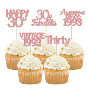 gyufise 30pcs rose gold vintage 1993 cupcake toppers glitter number 30 cheers to 30 fabulous thirty cupcake picks 30th birthday wedding anniversary party cake decorations supplies
