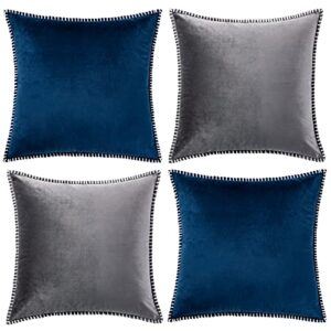 gawamay gray throw pillow covers 16x16 inch soft navy blue velvet pillow cover with modern chenille edge, winter farmhouse decorative pillow caces for holiday living room sofa couch beding (40x40cm)