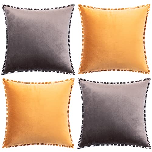 GAWAMAY Set of 2 Fall Decorative Soft Velvet Gold Throw Pillow Covers with Chenille Edge Boho Accent Taupe Grey Square Cushion Case for Couch Sofa Living Room Beding Outdoor 16 x 16 Inch (40x40cm)