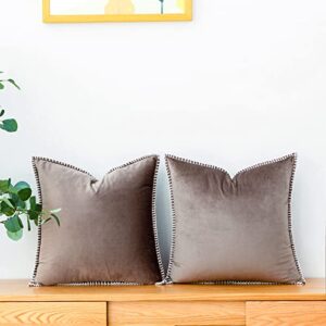 GAWAMAY Set of 2 Fall Decorative Soft Velvet Gold Throw Pillow Covers with Chenille Edge Boho Accent Taupe Grey Square Cushion Case for Couch Sofa Living Room Beding Outdoor 16 x 16 Inch (40x40cm)