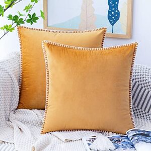 GAWAMAY Set of 2 Fall Decorative Soft Velvet Gold Throw Pillow Covers with Chenille Edge Boho Accent Taupe Grey Square Cushion Case for Couch Sofa Living Room Beding Outdoor 16 x 16 Inch (40x40cm)