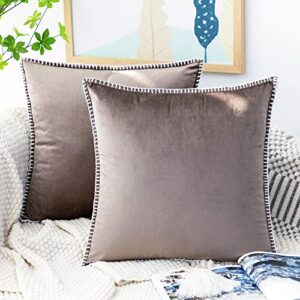 GAWAMAY Set of 2 Fall Decorative Soft Velvet Gold Throw Pillow Covers with Chenille Edge Boho Accent Taupe Grey Square Cushion Case for Couch Sofa Living Room Beding Outdoor 16 x 16 Inch (40x40cm)