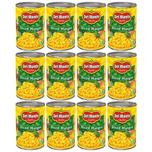 del monte diced mango in extra light syrup, canned fruit, 12 pack, 15 oz can, yellow