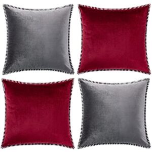 gawamay gray throw pillow covers 16x16 inch soft velvet pillow cover with modern chenille edge, winter farmhouse decorative burgundy red pillow caces for living room sofa couch beding (40x40cm)