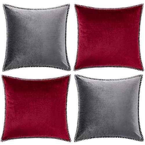 GAWAMAY Gray Throw Pillow Covers 16x16 Inch Soft Velvet Pillow Cover with Modern Chenille Edge, Winter Farmhouse Decorative Burgundy Red Pillow Caces for Living Room Sofa Couch Beding (40x40cm)