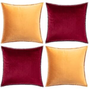 gawamay set of 2 fall decorative soft velvet gold throw pillow covers with chenille fancy edge boho accent square cushion case for couch sofa living room beding 16 x 16 inch (40x40cm) burgundy red