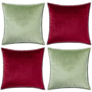 gawamay green 16x16 fall pillow covers,pack of 2 decorative burgundy red cushion pillow cases with chenille edge soft boho decor pillows for living room sofa couch beding velvet euro pillow (40x40cm)