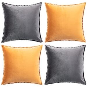 gawamay set of 2 fall decorative solid soft velvet gold throw pillow covers with chenille edge boho accent grey square cushion case for couch sofa living room beding outdoor 16 x 16 inch (40x40cm)