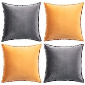 GAWAMAY Set of 2 Fall Decorative Solid Soft Velvet Gold Throw Pillow Covers with Chenille Edge Boho Accent Grey Square Cushion Case for Couch Sofa Living Room Beding Outdoor 16 x 16 Inch (40x40cm)