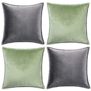 gawamay grey 16x16 fall pillow covers,pack of 2 decorative cushion pillow cases with chenille edge soft boho decor pillows for living room sofa couch beding green velvet euro pillow (40x40cm)