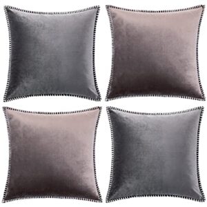 gawamay gray throw pillow covers 16x16 inch soft taupe grey velvet pillow cover with chenille edge, winter farmhouse decorative pillow caces for holiday living room sofa couch beding (40x40cm)