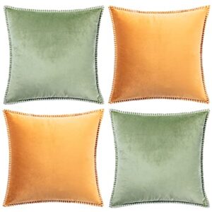 gawamay set of 2 fall decorative solid soft velvet gold throw pillow covers with chenille edge boho accent square green cushion case for couch sofa living room beding outdoor 16 x 16 inch (40x40cm)
