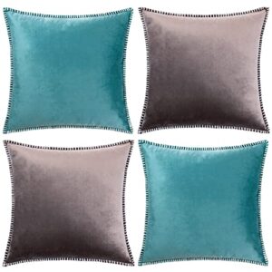 gawamay gray throw pillow covers 16x16 inch soft teal velvet pillow cover with modern chenille edge, winter farmhouse decorative pillow caces for holiday living room sofa couch beding (40x40cm)