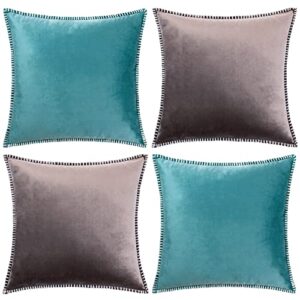 GAWAMAY Gray Throw Pillow Covers 16x16 Inch Soft Teal Velvet Pillow Cover with Modern Chenille Edge, Winter Farmhouse Decorative Pillow Caces for Holiday Living Room Sofa Couch Beding (40x40cm)