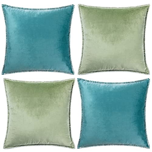 GAWAMAY Teal 16x16 Fall Pillow Covers,Set of 2 Decorative Cushion Pillow Cases with Chenille Edge Soft Boho Decor Aesthetic Pillows for Living Room Sofa Couch Beding Green Velvet Euro Pillow (40x40cm)