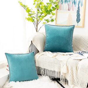 GAWAMAY Teal 16x16 Fall Pillow Covers,Set of 2 Decorative Cushion Pillow Cases with Chenille Edge Soft Boho Decor Aesthetic Pillows for Living Room Sofa Couch Beding Green Velvet Euro Pillow (40x40cm)