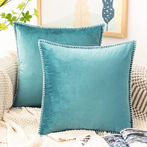 GAWAMAY Teal 16x16 Fall Pillow Covers,Set of 2 Decorative Cushion Pillow Cases with Chenille Edge Soft Boho Decor Aesthetic Pillows for Living Room Sofa Couch Beding Green Velvet Euro Pillow (40x40cm)