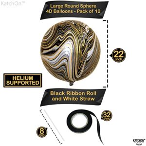 KatchOn, Black and Gold Marble Balloons - 22 Inch, Pack of 12 Agate Balloons | Marble Black and Gold Balloons | Marble Foil Balloons for Halloween Party Decorations | Gold and Black Marble Balloons