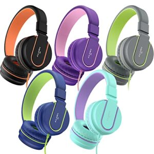 ailihen kids headphones 5 pack bulk for k-12 school classroom, wired headset with microphone for students children with 93db volume limited, 3.5mm jack for chromebooks tablets laptop (multicolor)