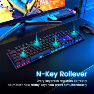 RisoPhy Mechanical Gaming Keyboard, RGB 104 Keys Ultra-Slim LED Backlit USB Wired Keyboard with Blue Switch, Durable ABS Keycaps/Anti-Ghosting/Spill-Resistant for PC Mac Xbox Gamer