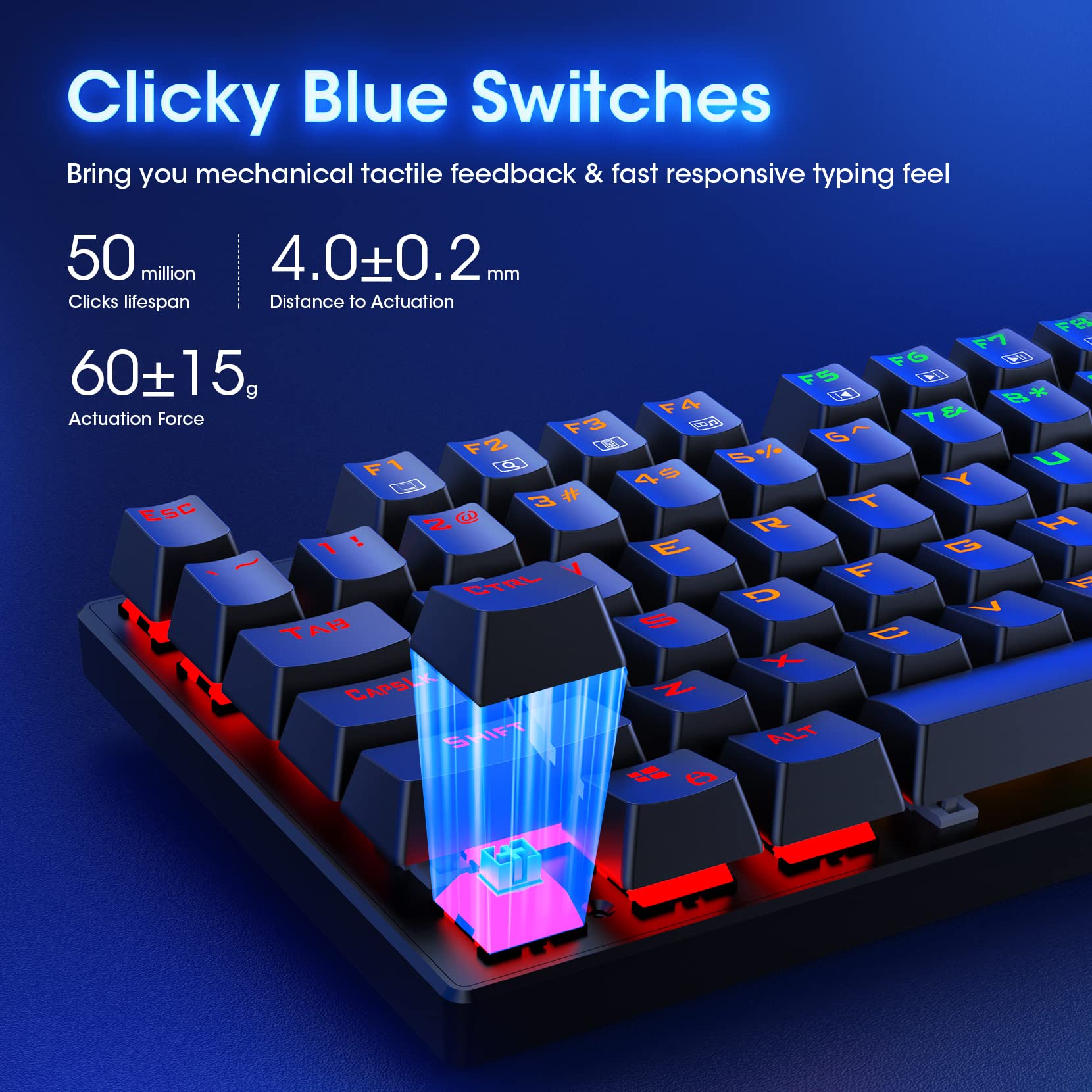 RisoPhy Mechanical Gaming Keyboard, RGB 104 Keys Ultra-Slim LED Backlit USB Wired Keyboard with Blue Switch, Durable ABS Keycaps/Anti-Ghosting/Spill-Resistant for PC Mac Xbox Gamer