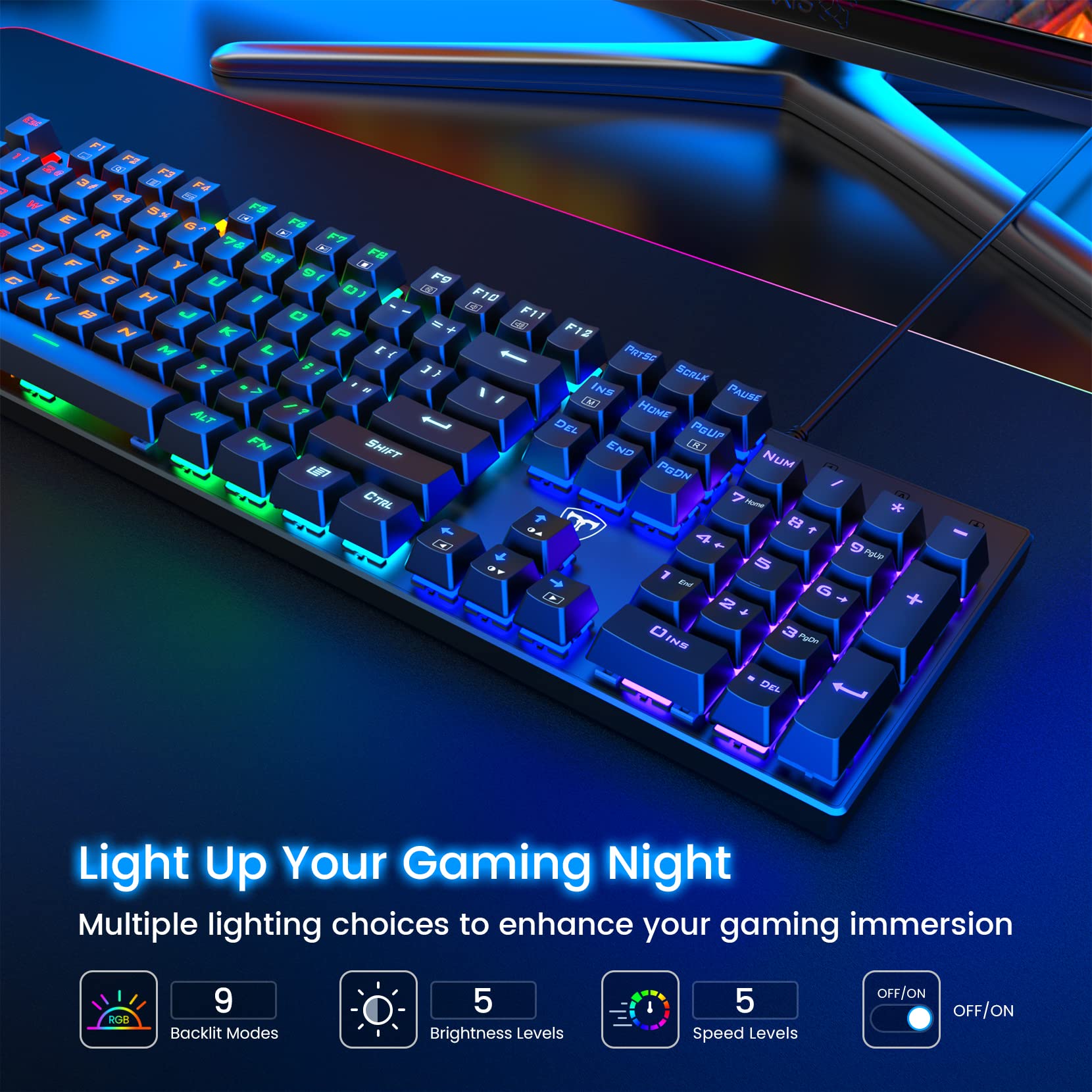 RisoPhy Mechanical Gaming Keyboard, RGB 104 Keys Ultra-Slim LED Backlit USB Wired Keyboard with Blue Switch, Durable ABS Keycaps/Anti-Ghosting/Spill-Resistant for PC Mac Xbox Gamer