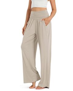 ododos women's wide leg palazzo lounge pants with pockets light weight loose comfy casual pajama pants-28 inseam, light beige, x-large