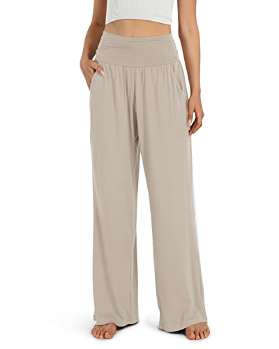 ODODOS Women's Wide Leg Palazzo Lounge Pants with Pockets Light Weight Loose Comfy Casual Pajama Pants-28 inseam, Light Beige, X-Large