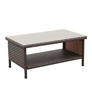 outdoor wicker coffee table patio furniture garden rattan 2-layer glass table with storage and furniture cover, brown