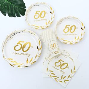 NAIWOXI 50th Anniversary Decorations Tableware - Golden 50th Anniversary Wedding Party Supplies Include Plates, Cups, Napkins, Fifty Years of Love 50th Wedding Anniversary Decorations | Serves 24