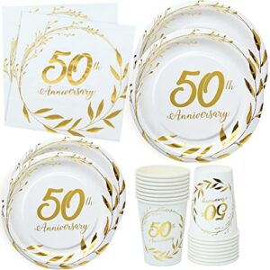 naiwoxi 50th anniversary decorations tableware - golden 50th anniversary wedding party supplies include plates, cups, napkins, fifty years of love 50th wedding anniversary decorations | serves 24