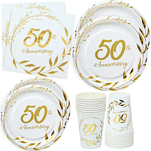 NAIWOXI 50th Anniversary Decorations Tableware - Golden 50th Anniversary Wedding Party Supplies Include Plates, Cups, Napkins, Fifty Years of Love 50th Wedding Anniversary Decorations | Serves 24