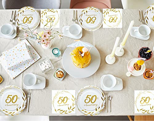 NAIWOXI 50th Anniversary Decorations Tableware - Golden 50th Anniversary Wedding Party Supplies Include Plates, Cups, Napkins, Fifty Years of Love 50th Wedding Anniversary Decorations | Serves 24