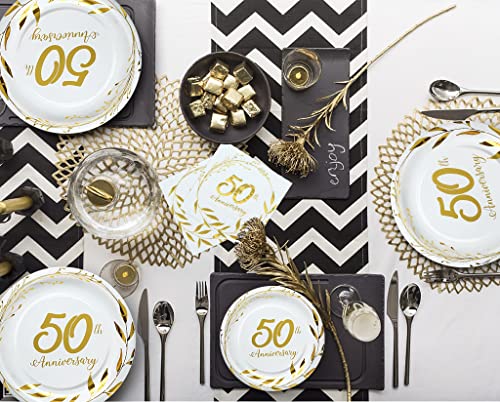 NAIWOXI 50th Anniversary Decorations Tableware - Golden 50th Anniversary Wedding Party Supplies Include Plates, Cups, Napkins, Fifty Years of Love 50th Wedding Anniversary Decorations | Serves 24