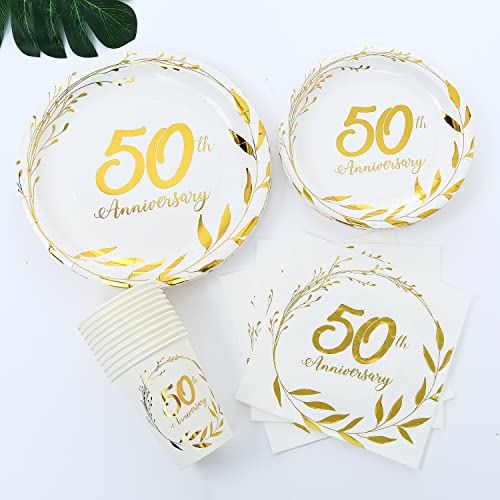 NAIWOXI 50th Anniversary Decorations Tableware - Golden 50th Anniversary Wedding Party Supplies Include Plates, Cups, Napkins, Fifty Years of Love 50th Wedding Anniversary Decorations | Serves 24