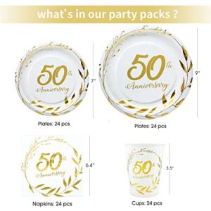 NAIWOXI 50th Anniversary Decorations Tableware - Golden 50th Anniversary Wedding Party Supplies Include Plates, Cups, Napkins, Fifty Years of Love 50th Wedding Anniversary Decorations | Serves 24