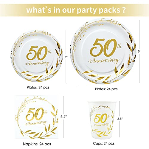 NAIWOXI 50th Anniversary Decorations Tableware - Golden 50th Anniversary Wedding Party Supplies Include Plates, Cups, Napkins, Fifty Years of Love 50th Wedding Anniversary Decorations | Serves 24