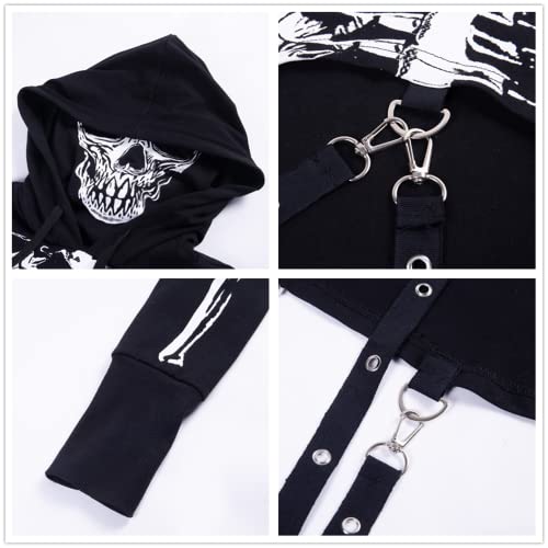 Cropped Hoodie Rave Goth Crop Tops for Women Sexy Black Skeleton Masks Sweatshirts Long Sleeve Cute Pullover Sweaters Chain