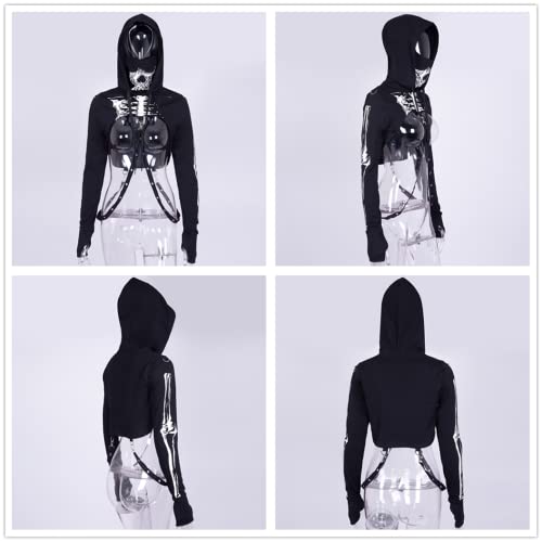 Cropped Hoodie Rave Goth Crop Tops for Women Sexy Black Skeleton Masks Sweatshirts Long Sleeve Cute Pullover Sweaters Chain