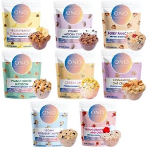 ono overnight oats - all flavor variety bundle (8 pack) - 20g protein oatmeal, overnight oats, gluten free, and low sugar oatmeal - organic gluten-free oats, 20g of protein, organic chia seeds & flaxseeds, lion's mane mushroom