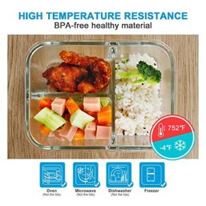 5 Pack 36oz Bento Box Glass Meal Prep Container 3 Compartments Glass Food Storage Containers with Lids Meal Prep Bowls Lunch Box Glass Food Prep Containers Lunch Containers for Microwave Oven