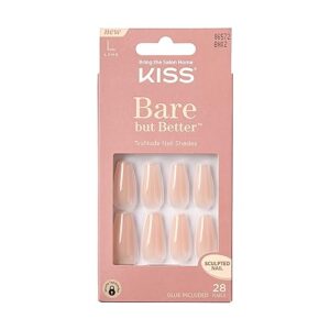kiss bare but better trunude fake nails nude nail shades manicure set, nude drama', 28 chip proof, smudge proof glue-on nails