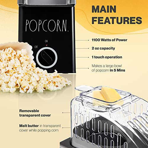 Hot Air Popcorn Making Machine, One Touch Easy to Use Fast Popping Popcorn Maker, Movie Theater Style Popcorn, 2 oz Capacity, With Removable Cover, Labeled "POPCORN" by Rae Dunn (Black)