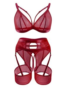 popiv 4 piece garter lingerie for women, sexy cutout lingerie, mesh matching lingerie set burgundy
